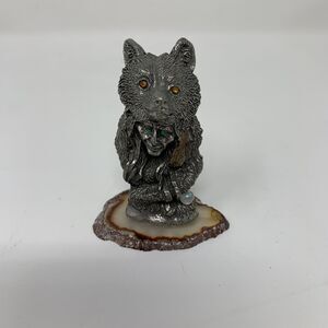 Silver Wolf Shaman Figurine On Agate Stone Base Mystical Mini Statue Unmarked